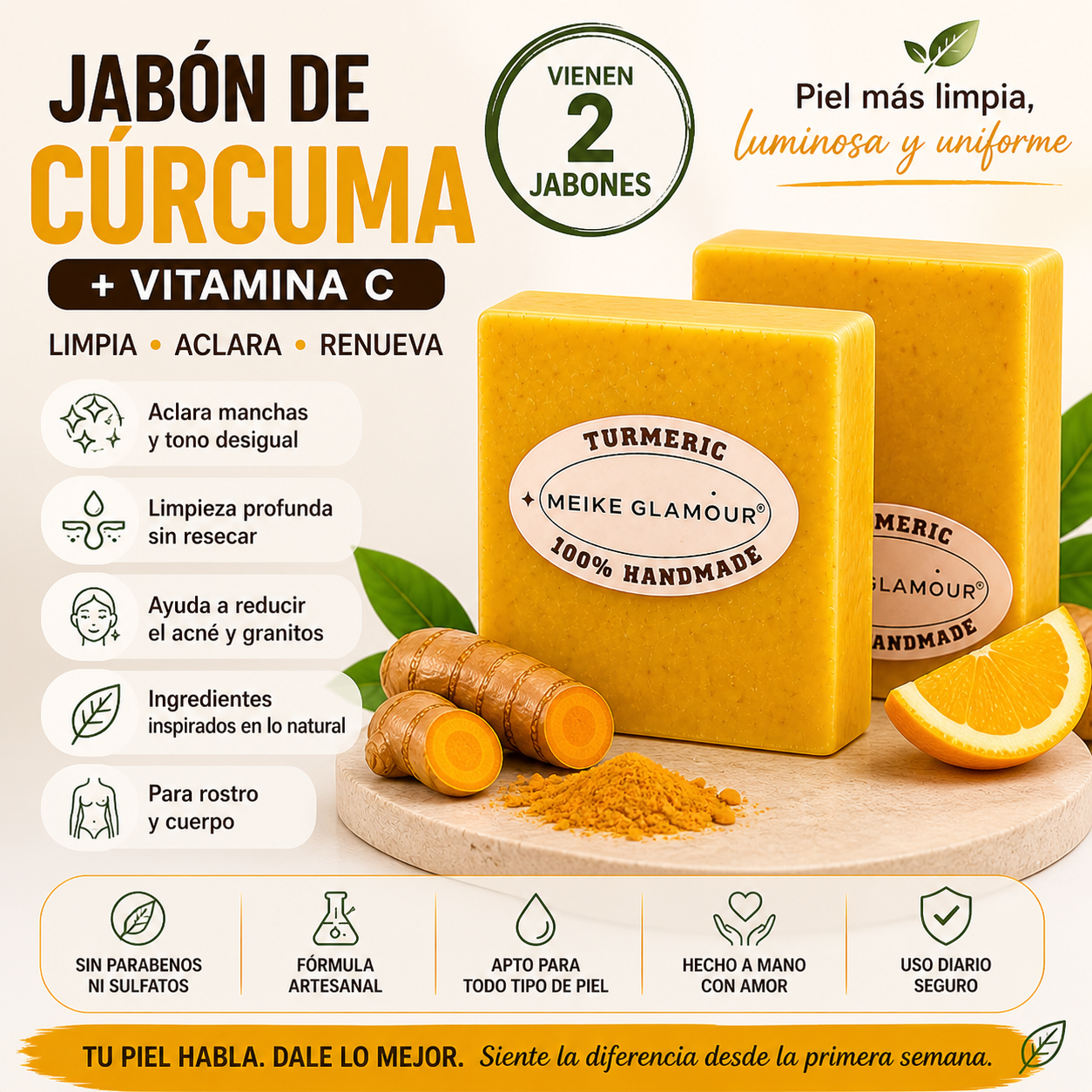PACK X2 Jabón de Cúrcuma + Vitamina C – Aclara, Limpia y Renueva tu Piel Naturalmente